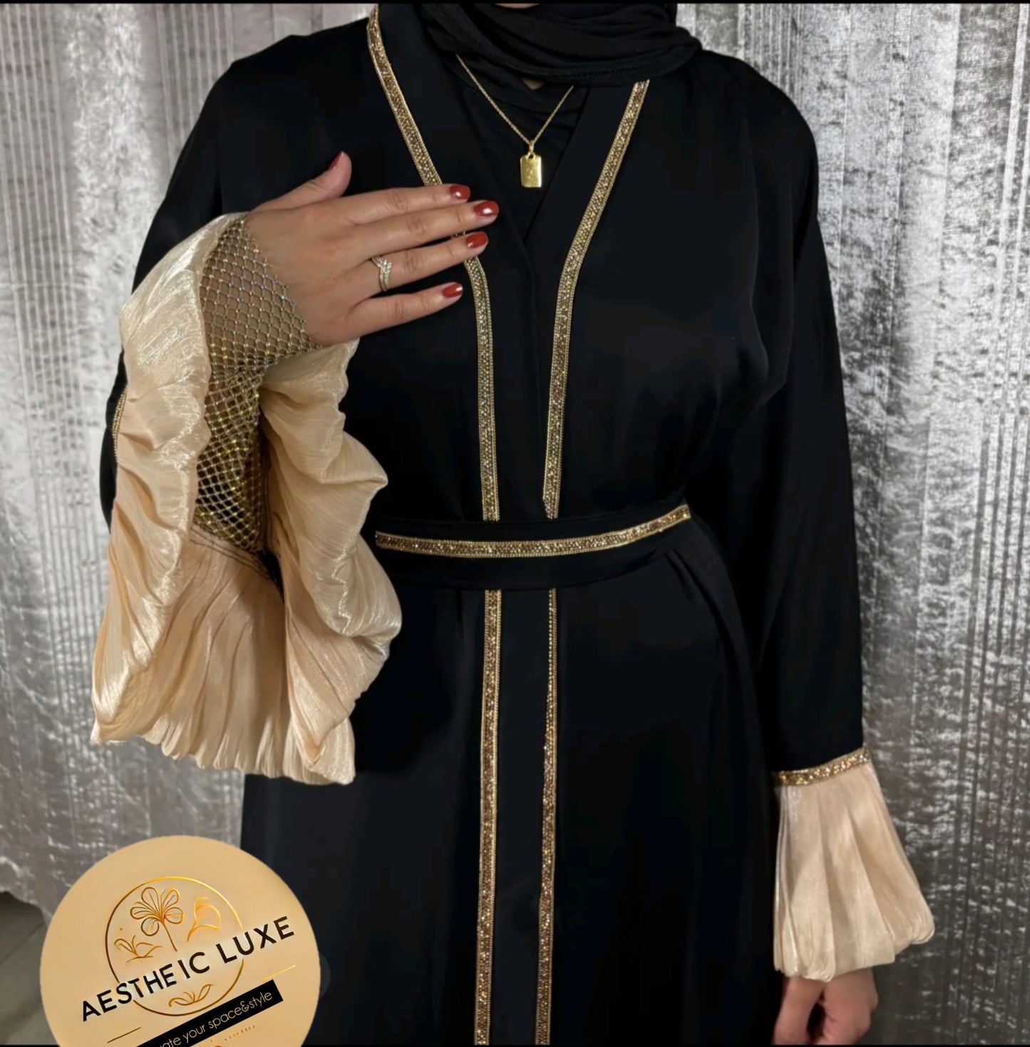 Black and Gold Detailed Arms Abaya With Belt & Head Scarf