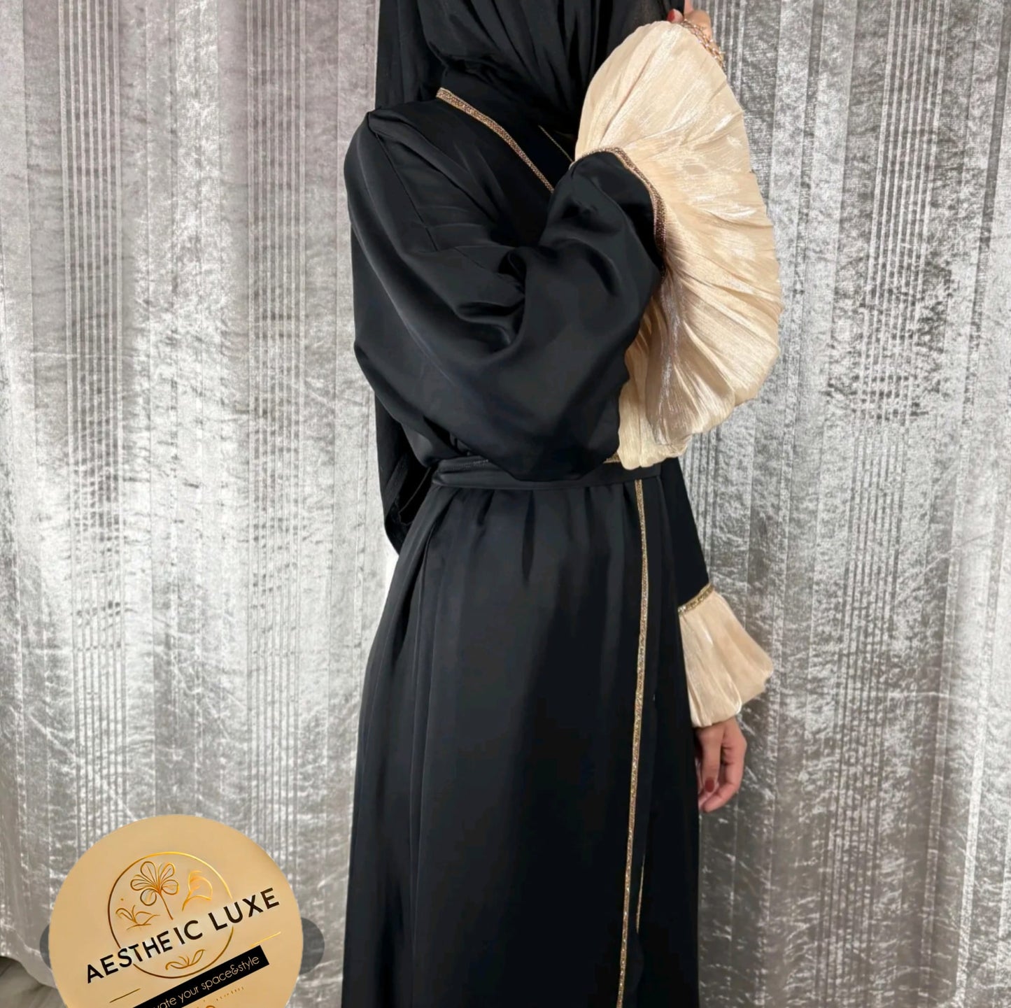 Black and Gold Detailed Arms Abaya With Belt & Head Scarf