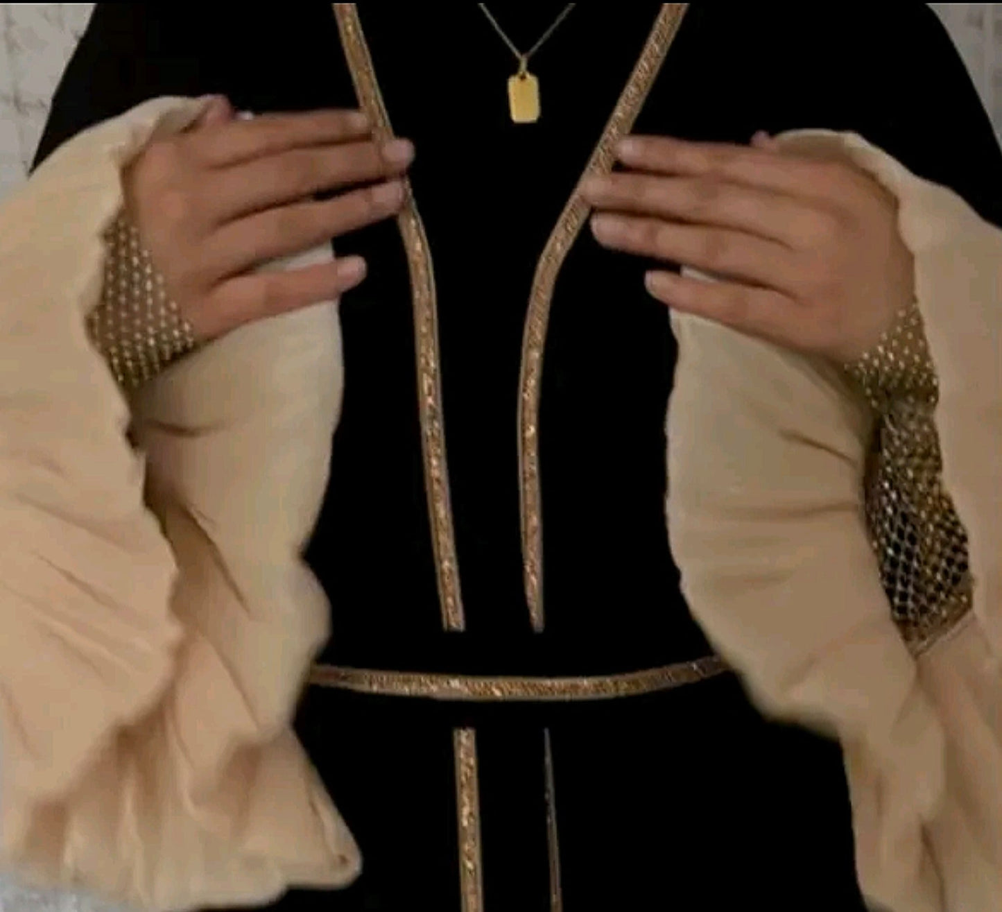 Black and Gold Detailed Arms Abaya With Belt & Head Scarf