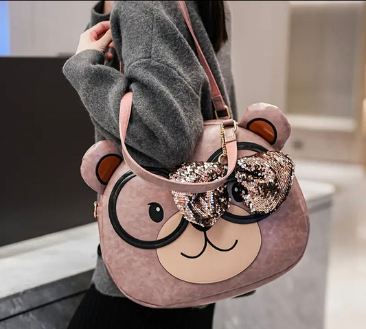 Cute Big Bear Face Cartoon Tote Bag with Bow Charm – Large Capacity Shoulder Bag for Women