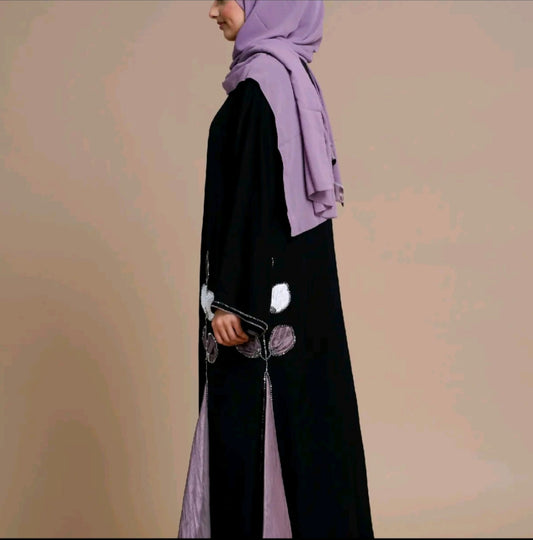 PREMIUM FLORAL DETAILED BLACK ABAYA WITH ORGANZA PANELS
