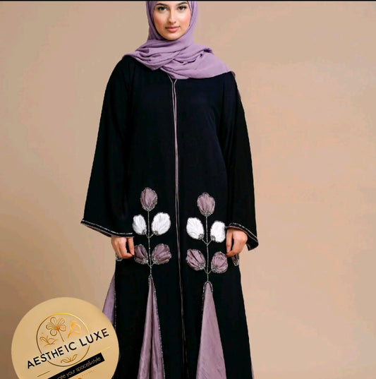 PREMIUM FLORAL DETAILED BLACK ABAYA WITH ORGANZA PANELS