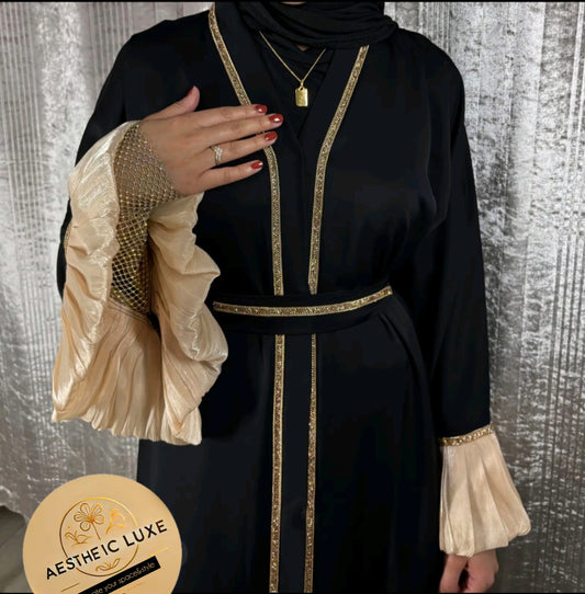 Black and Gold Detailed Arms Abaya With Belt & Head Scarf
