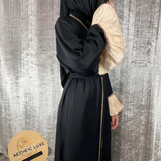 Black and Gold Detailed Arms Abaya With Belt & Head Scarf